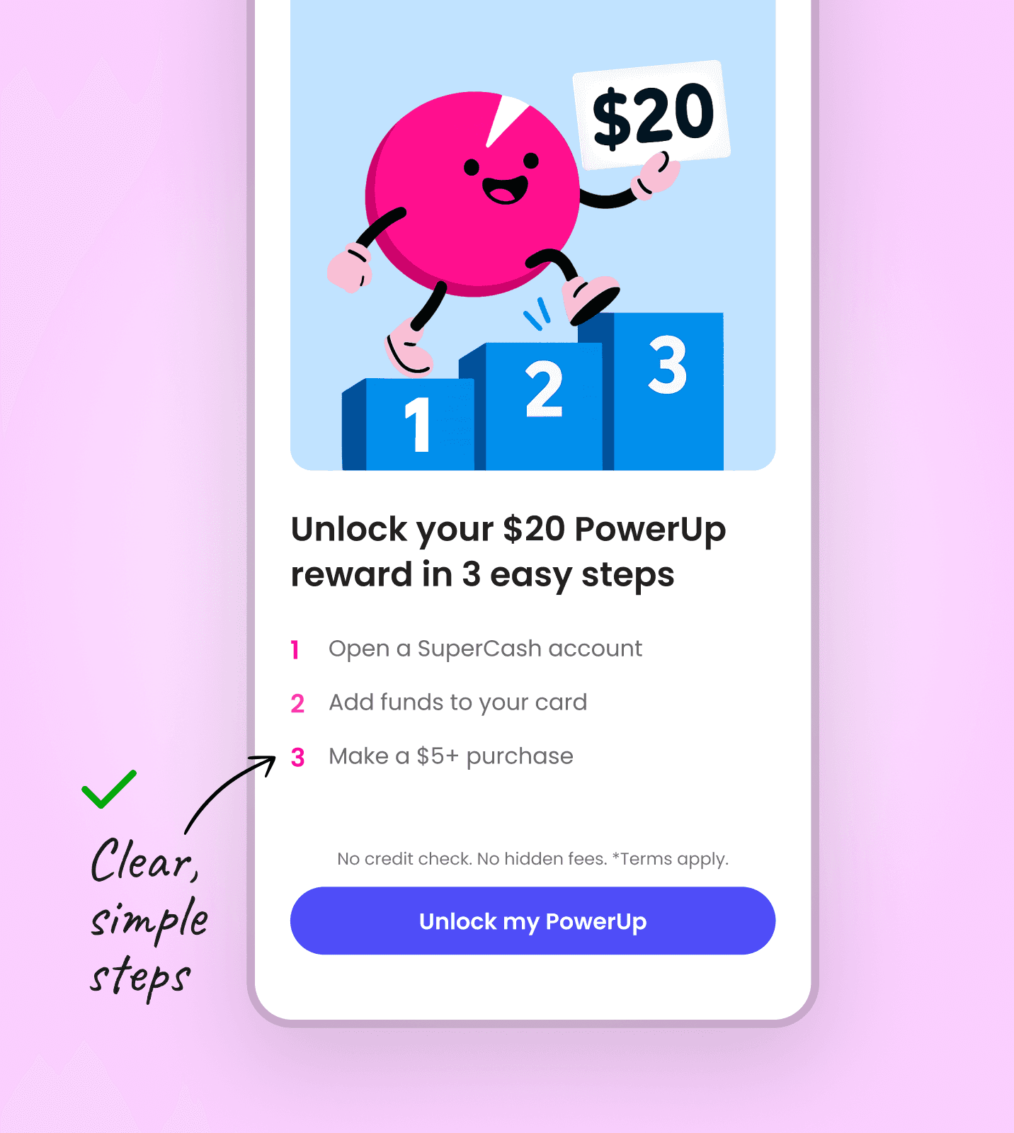 Mobile UI mockup showing Super.com’s PowerUp onboarding screen with a character illustration and 3 simple steps to unlock a $20 reward, used to test user understanding of reward clarity.”