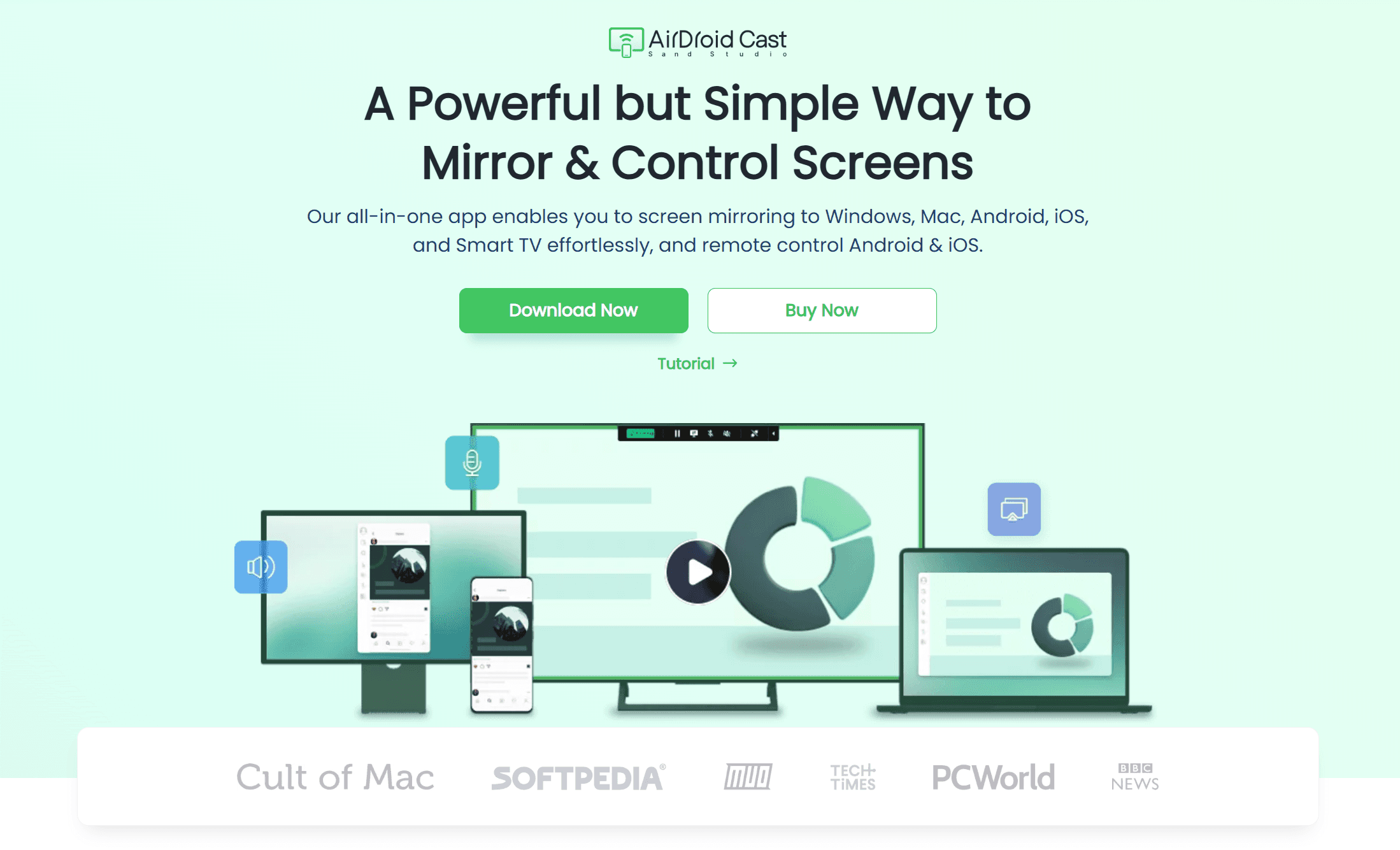 A screenshot of the official AirDroid Cast website homepage, showing the product name, feature highlights, and download buttons for Windows, Mac, iOS, and Android.
