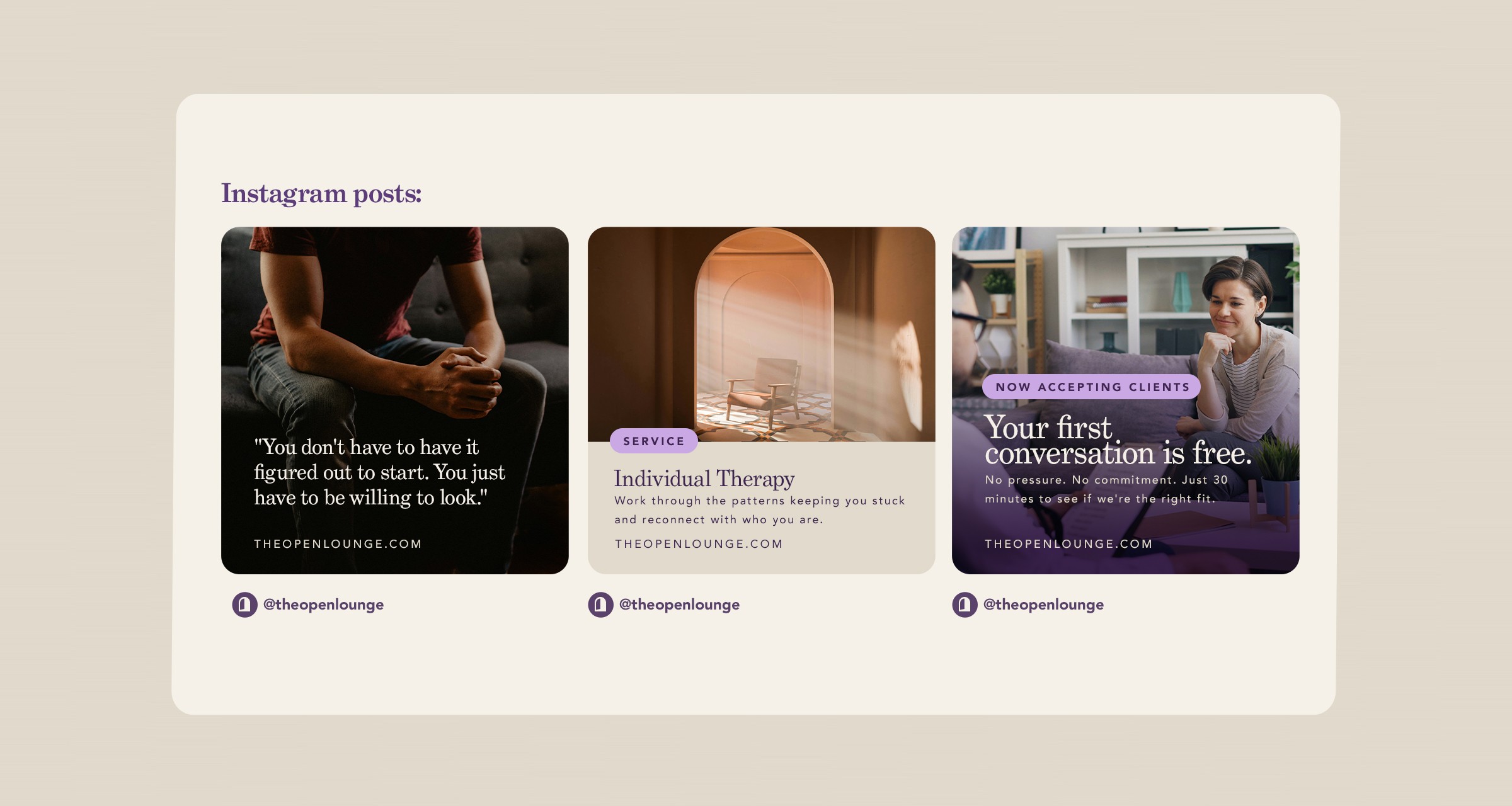 Custom branded social media post templates for The Open Lounge psychotherapy and coaching practice by Studio Odyssey Los Angeles