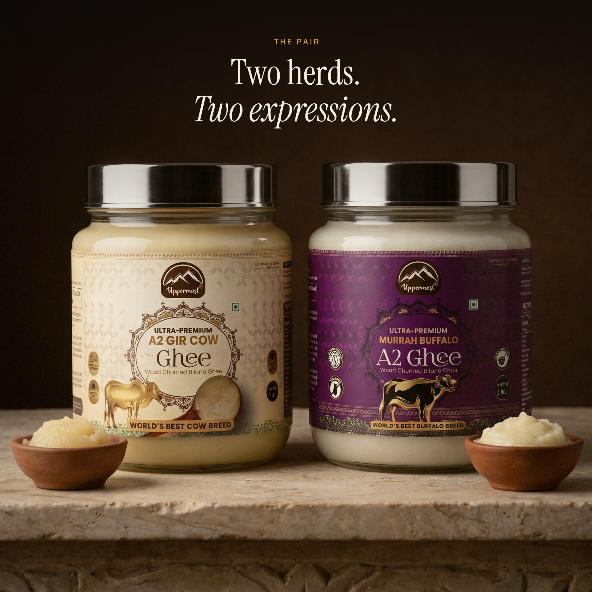 Uppermost A2 Gir Cow Ghee and Murrah Buffalo Ghee jars side by side, Two herds, two expressions