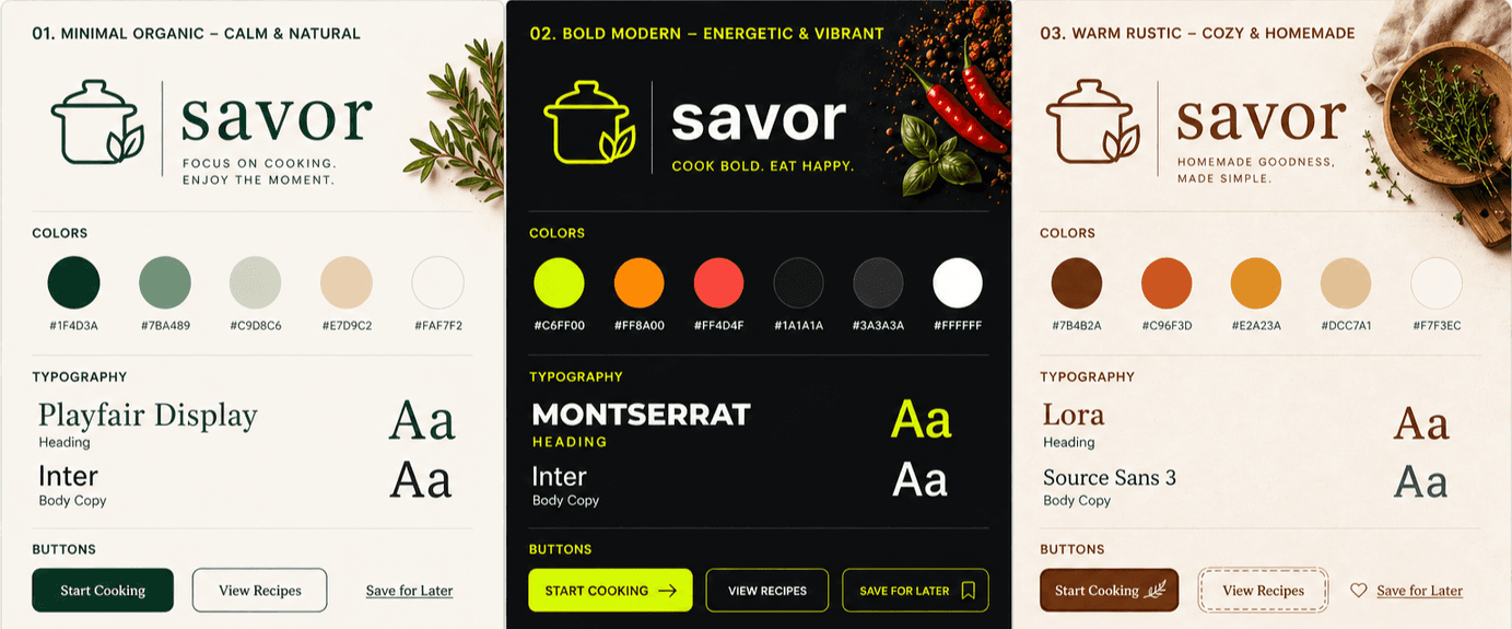 Three explored visual directions: minimal organic in cream and green, bold modern in dark tones and lime, and warm rustic in orange and cream. Minimal organic was selected.