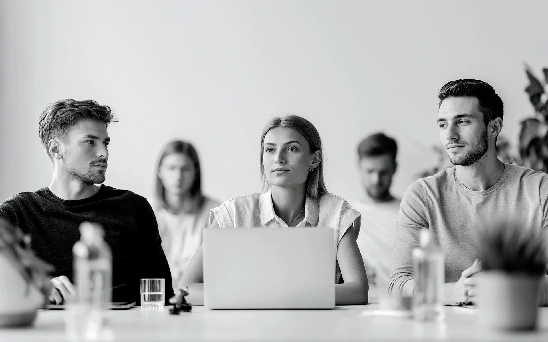 Black-and-white photo of a focused woman with a laptop at a table, flanked by two men, with colleagues blurred behind.