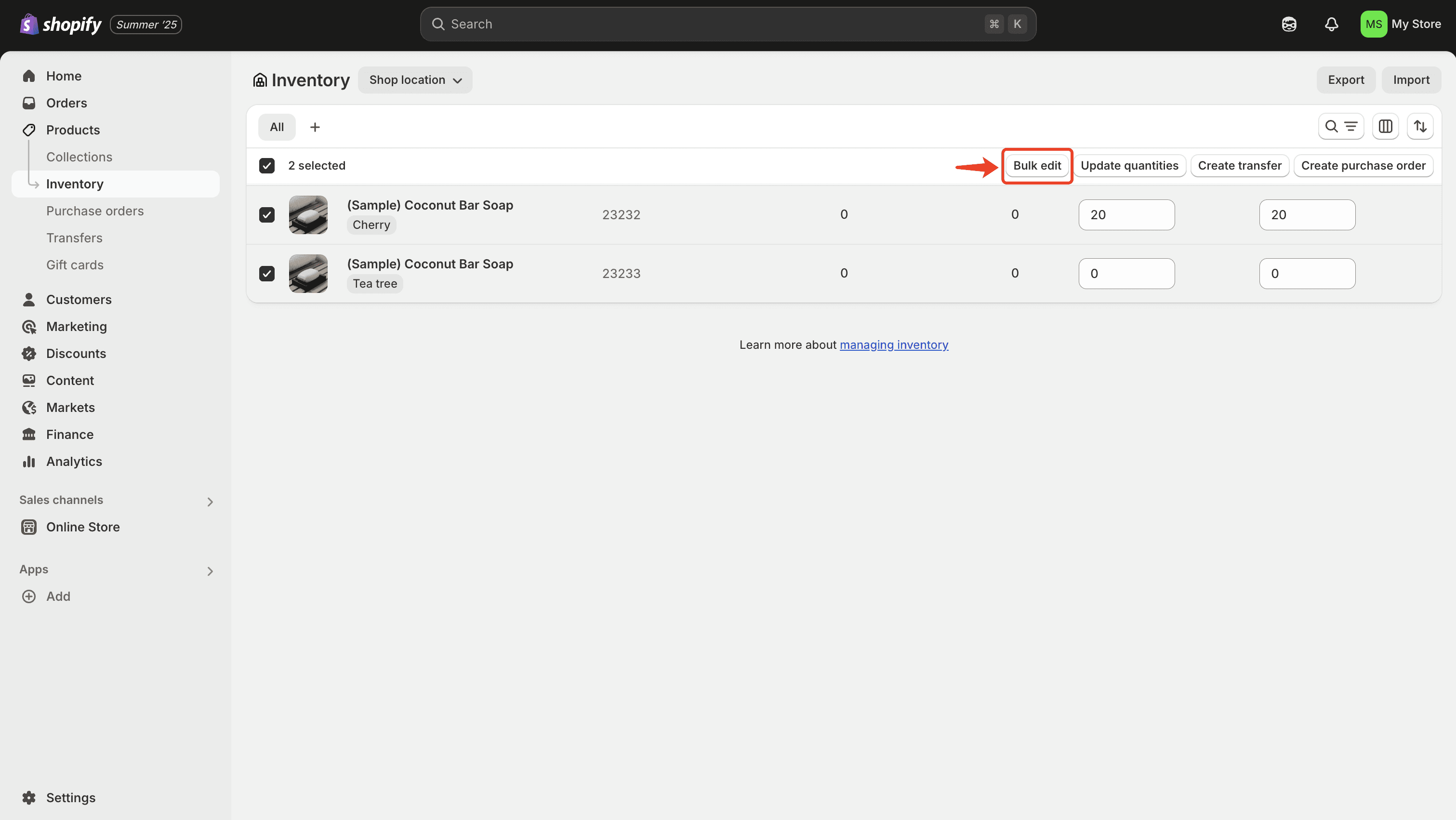 Admin panel > Inventory > Select variants > Bulk edit