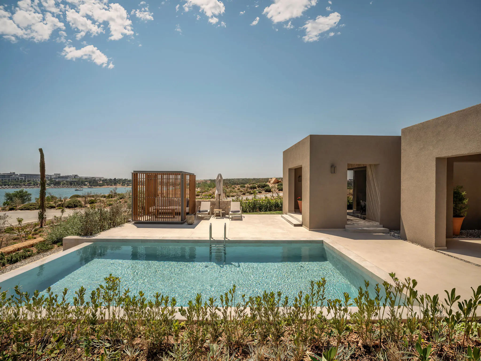 Akra Didim Family Villas: villa with a private pool and timber cabana, with the sea behind