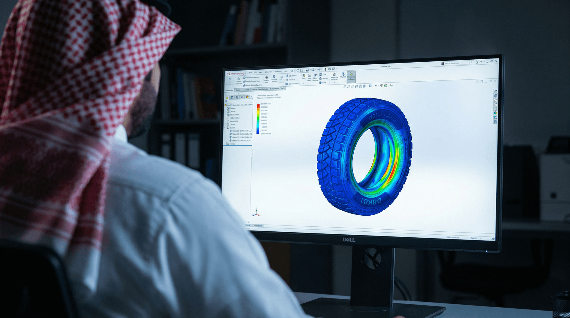 An engineer in a red shemagh reviews a 3D simulation of a tire on a computer monitor