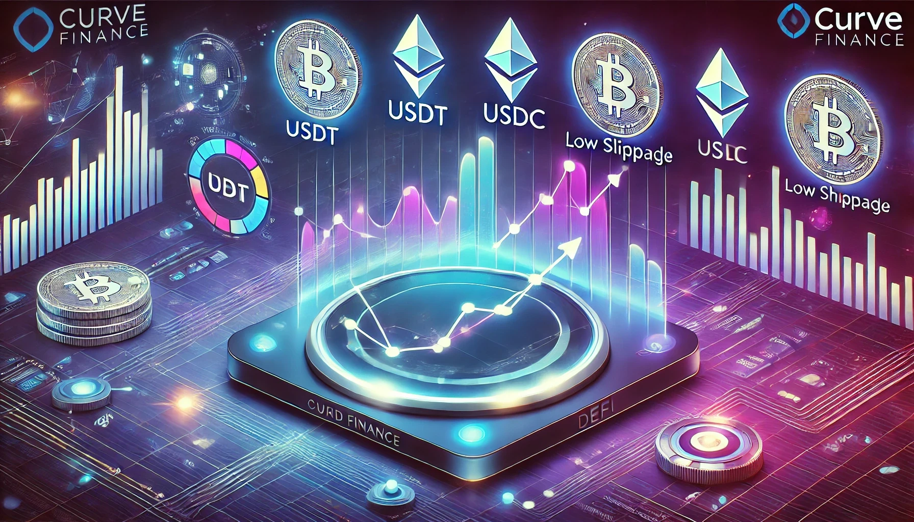 Curve Finance platform interface with stablecoin icons (USDT, USDC, DAI) and a graph showing low slippage, set against a futuristic blockchain background.