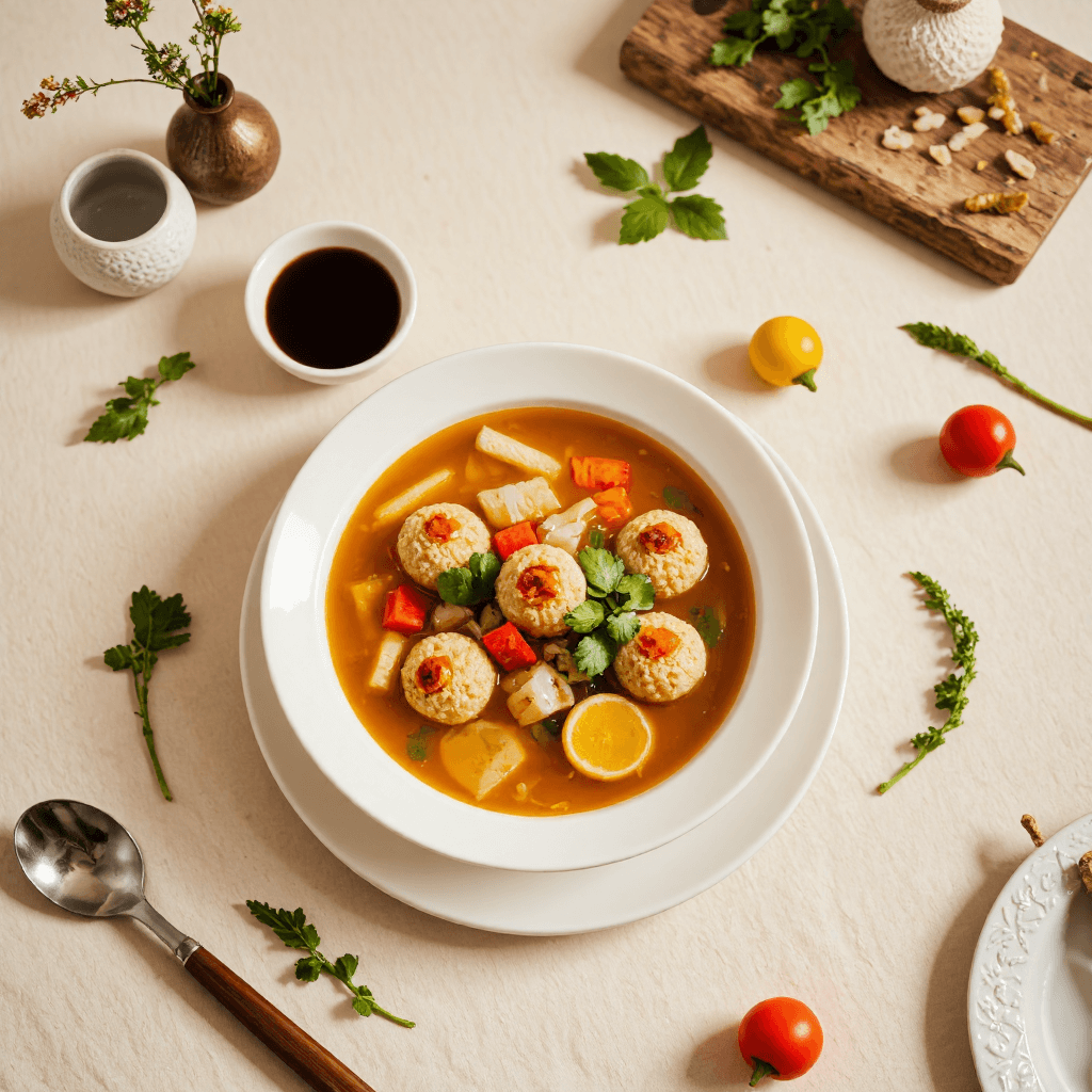 product photography of a bowl of hot soup with various fish cakes and ingredients