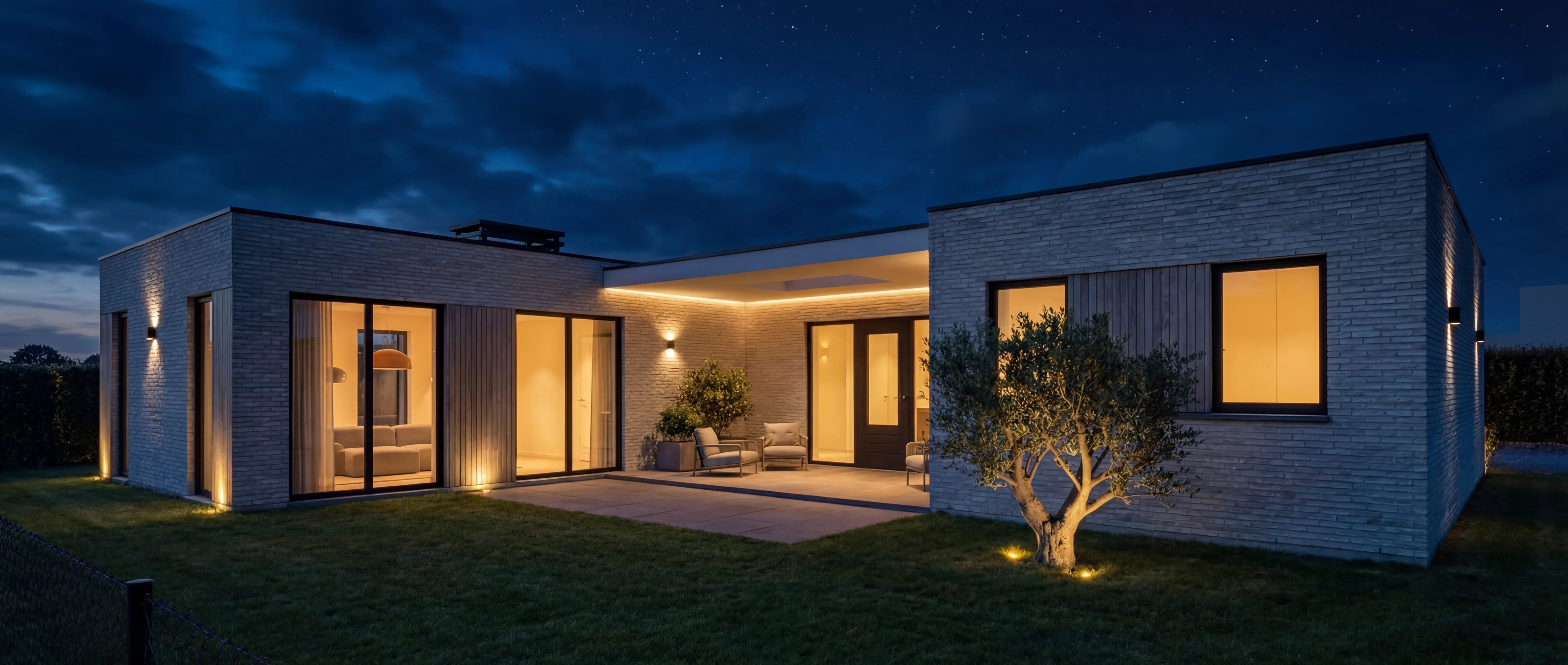 visualisatie van de bungalow bij nacht