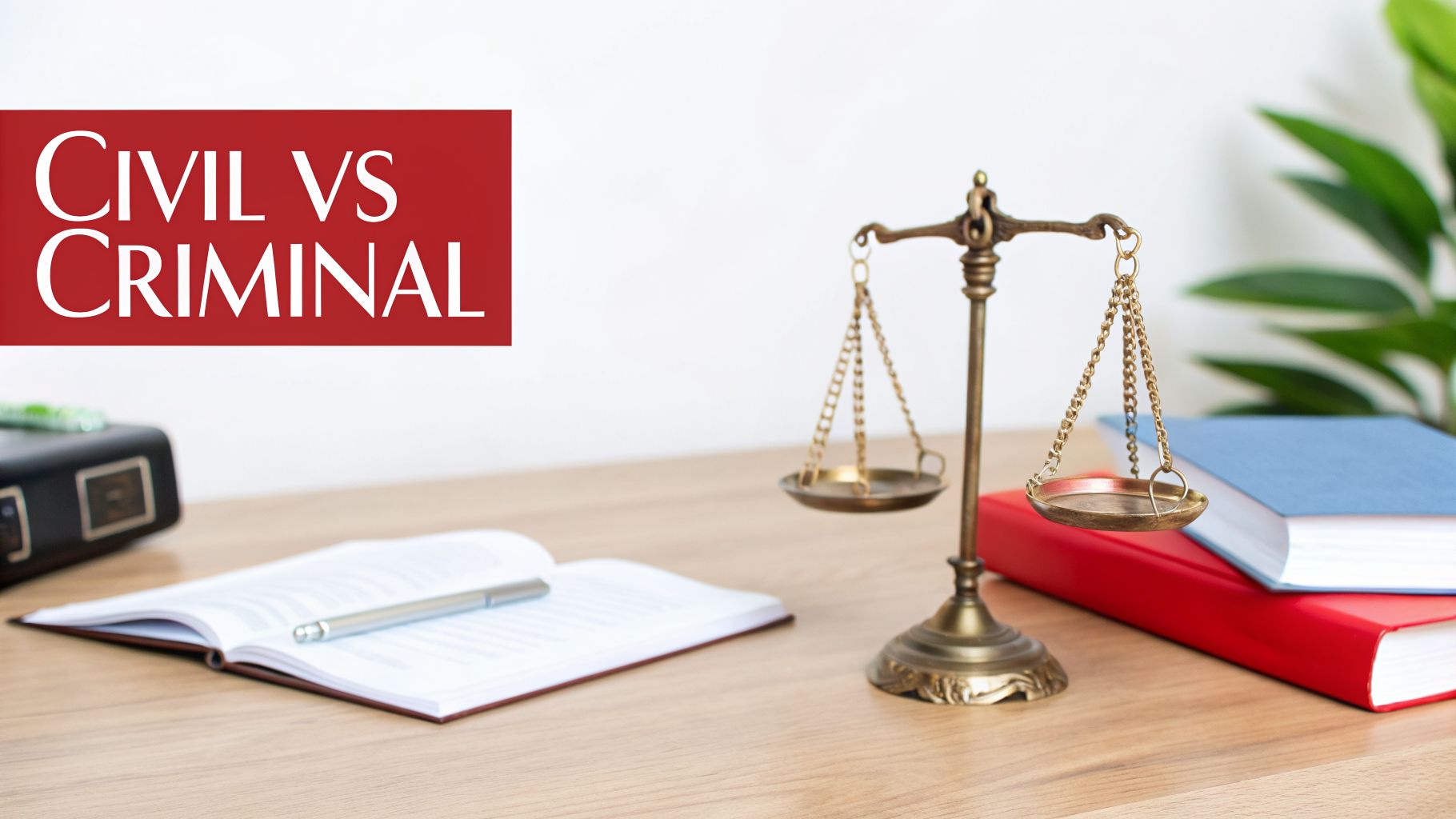 A red box with 'Civil vs Criminal' text, a scale of justice, and law books on a desk.