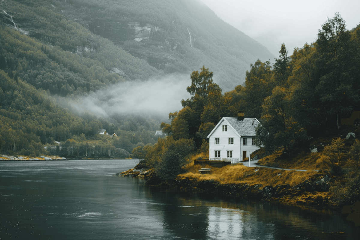 Serene landscape with a white house by a calm fjord, surrounded by lush green forest and misty mountains, conveying tranquility and solitude.