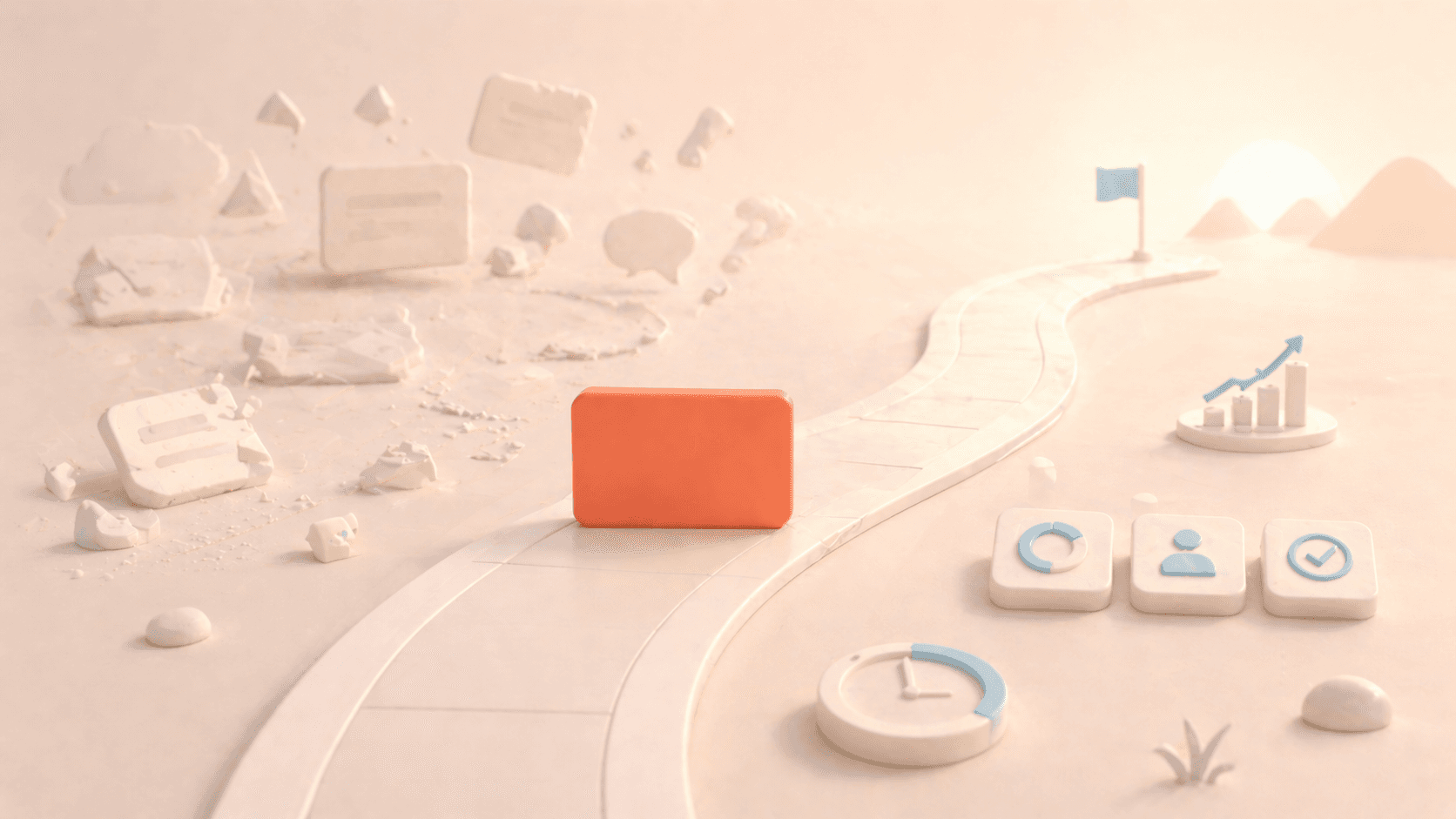 Minimalistische 3D-Illustration einer korallfarbenen Fokuskarte auf einem klaren, leicht geschwungenen Pfad in Richtung eines Zielpunkts, während im Hintergrund blasse, fragmentierte Karten und schwebende Elemente Selbstzweifel symbolisieren; im Vordergrund stehen reduzierte Fortschritts-, Zeit- und Ergebnissymbole für reale Entwicklung und sichtbaren Fortschritt.