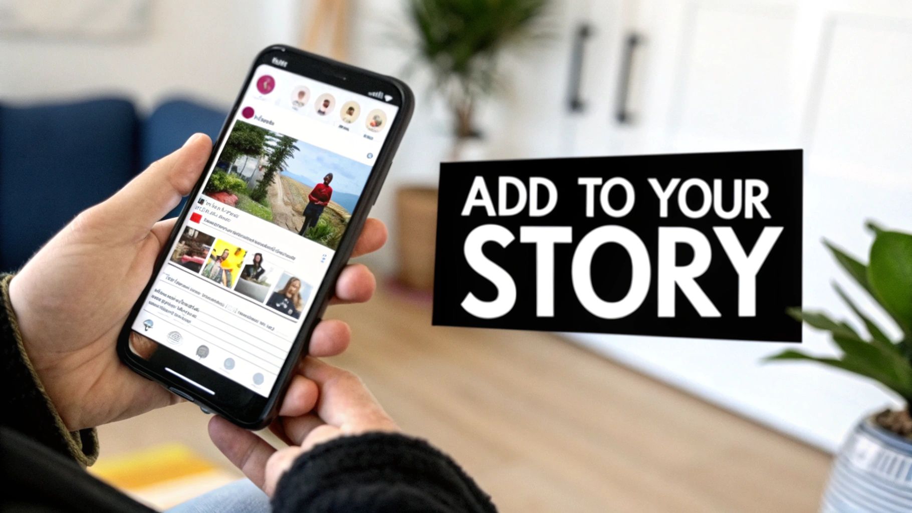 A person holds a smartphone displaying a social media feed with an 'ADD TO YOUR STORY' prompt.