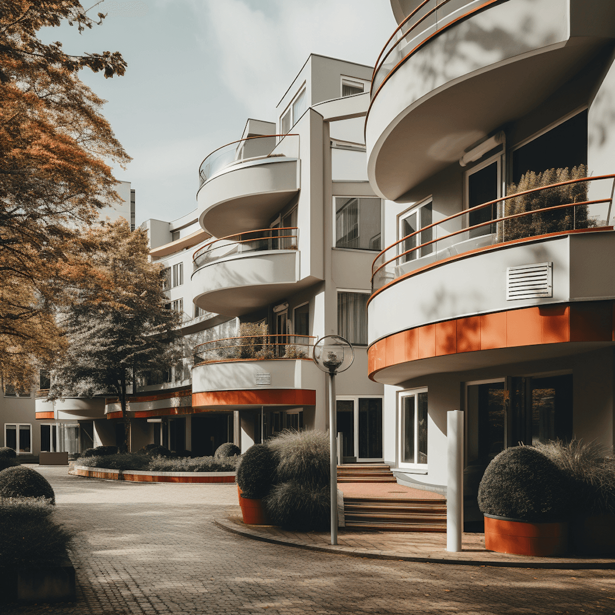 Elegant white Art Deco residential complex with sweeping curved balconies, terracotta accent rails, and mature autumn trees in the courtyard
