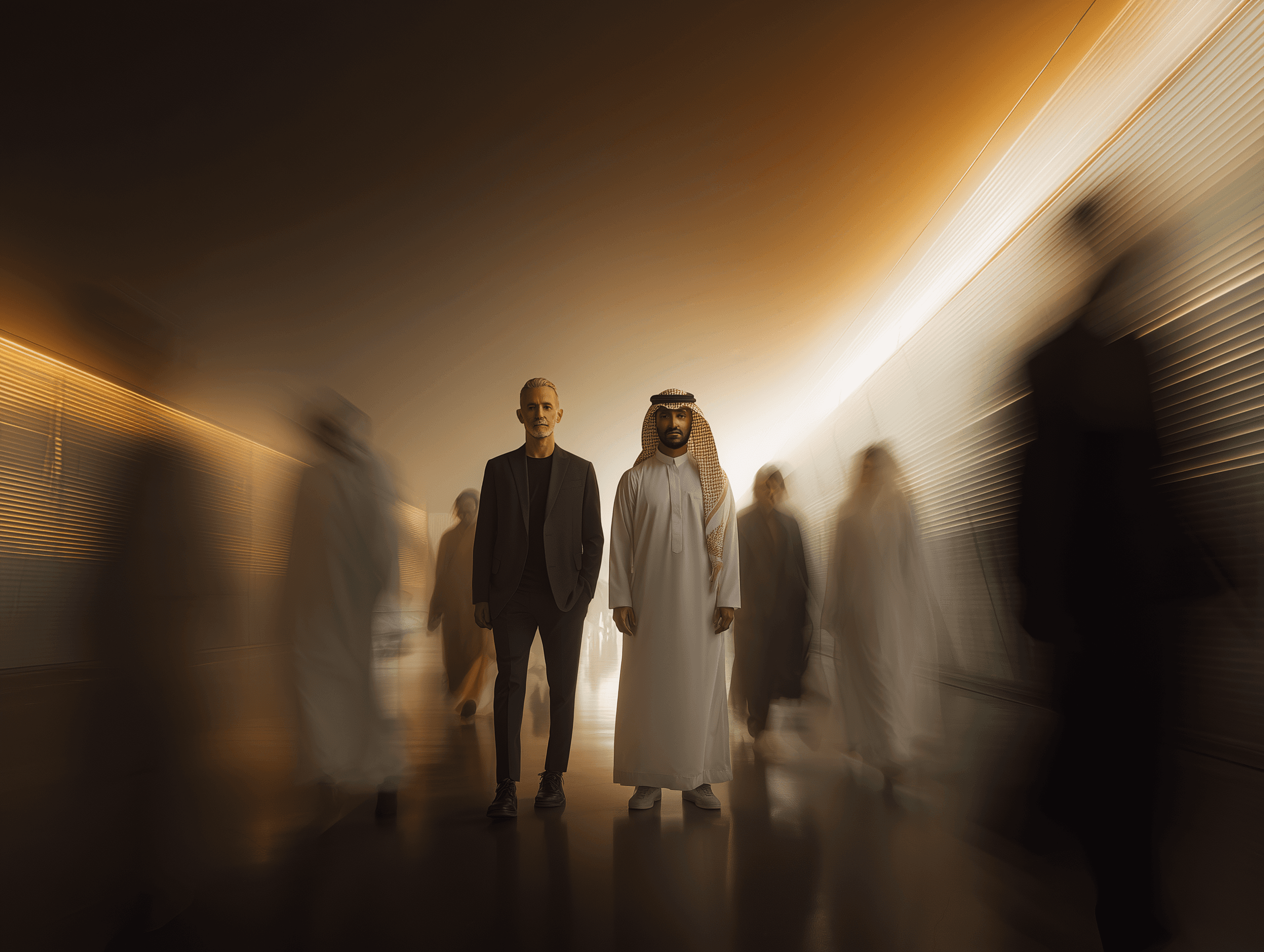 Saudi businessman in thobe and English executive in suit standing together amid motion-blurred crowd, symbolizing trust and partnership.