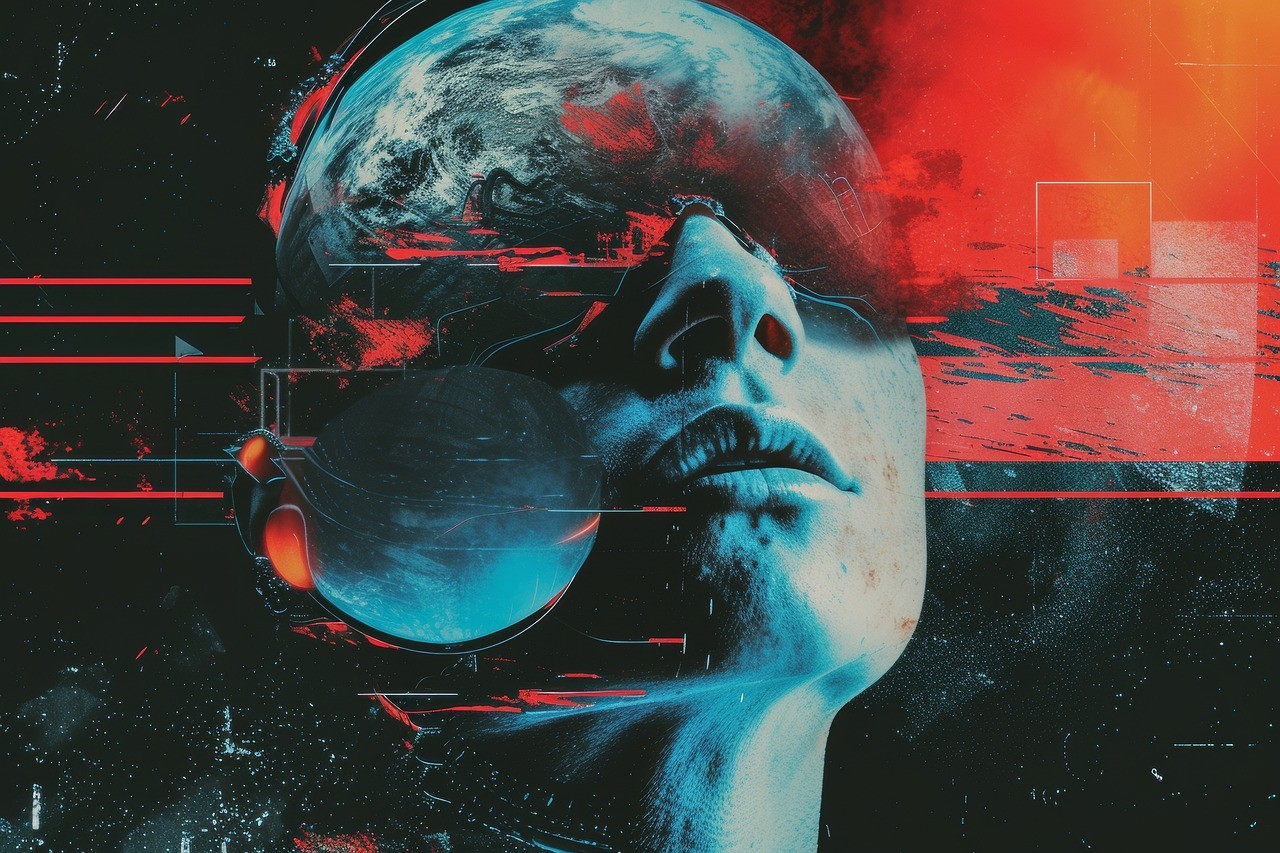 An abstract collage image of a womans face and the planet earth with red graphics on a dark background