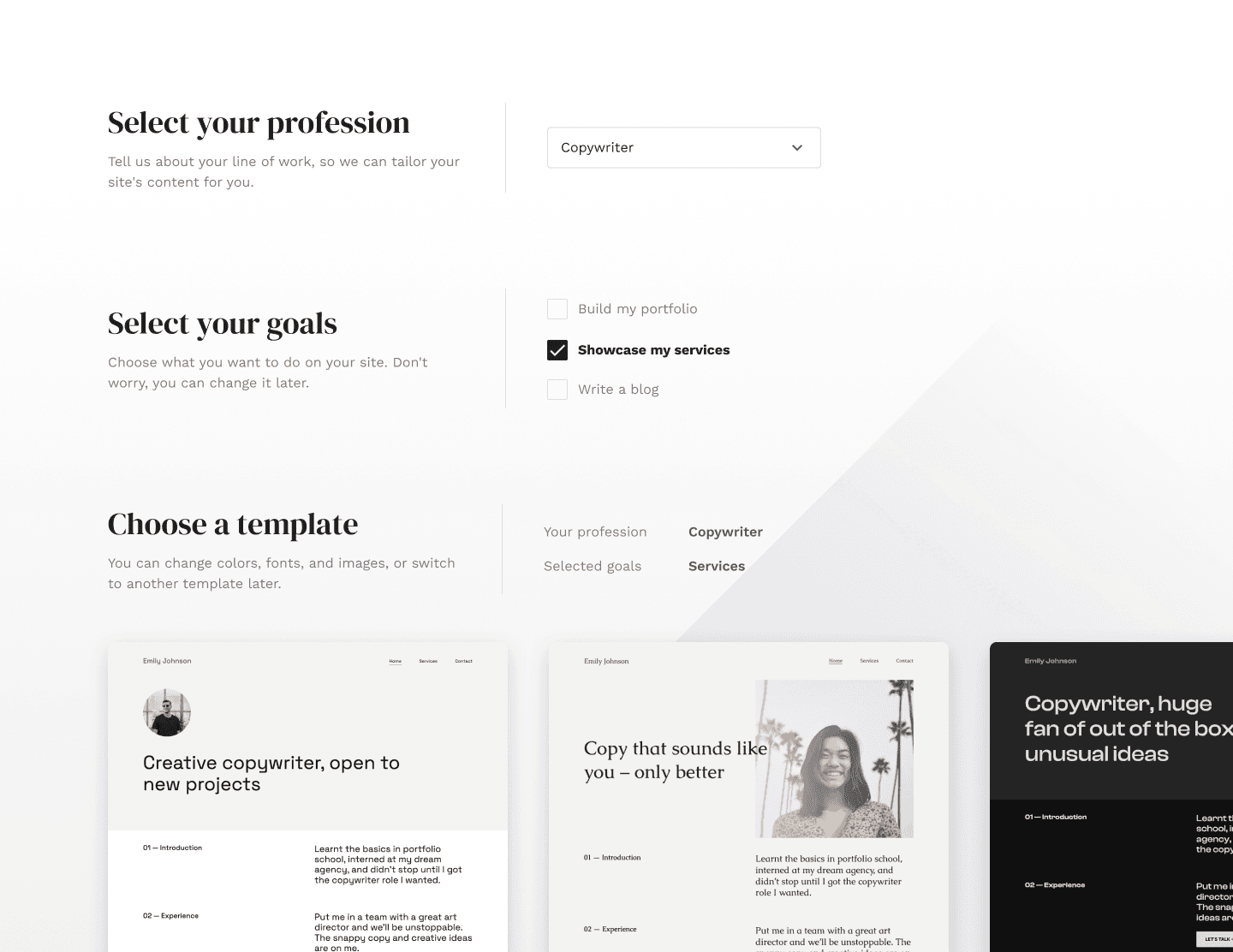 A three-step setup screen, representing how Copyfolio makes it effortless to create your website by choosing your profession, setting your goals, and picking a template.