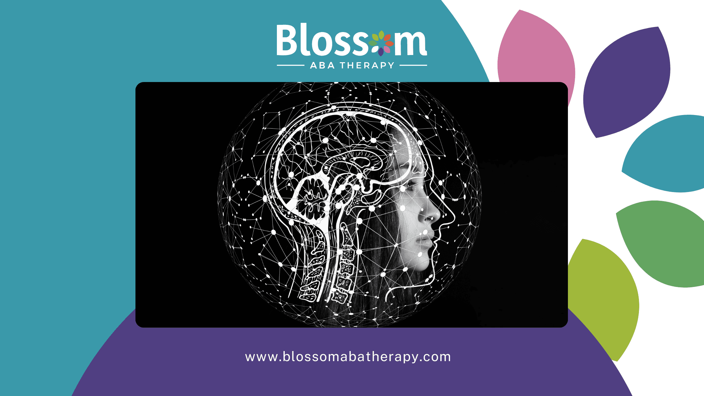 A side profile of a person's head overlaid with a glowing white anatomical brain diagram and neural network connections on a black background. The image is framed by the Blossom ABA Therapy logo and colorful petals.
