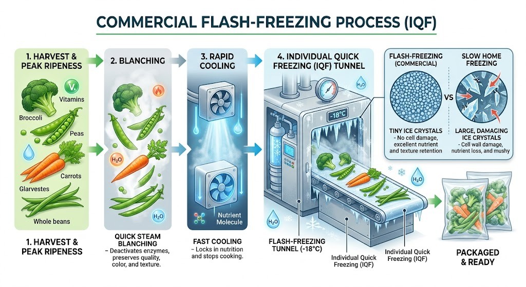 A colorful vector illustration for an article titled "How to Cook Frozen Vegetables Without Losing Nutrients." It features steaming broccoli, carrots, and green beans in a stainless-steel steamer basket and microwaved peas and cauliflower. Scientific icons and text bubbles like 'Vitamin C,' 'Fiber,' and 'Nutrients' show nutrient retention in a bright modern kitchen.