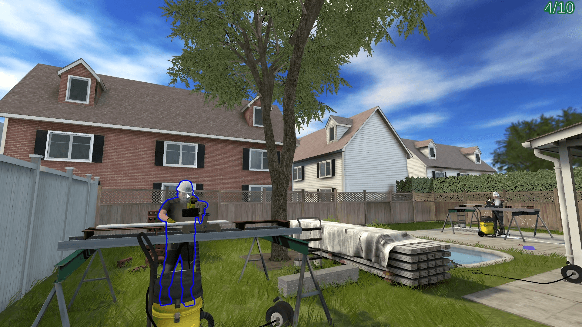 3d construction site of James Hardie house from interactive workplace safety training software while highlighting an animated 3d character with mouse cursor