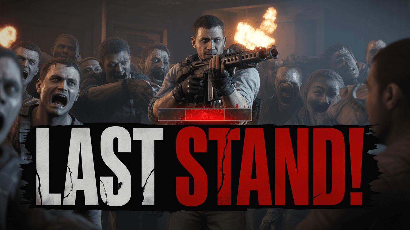 Soldier surrounded by zombies with flashing red health danger and LAST STAND text in smoky scene
