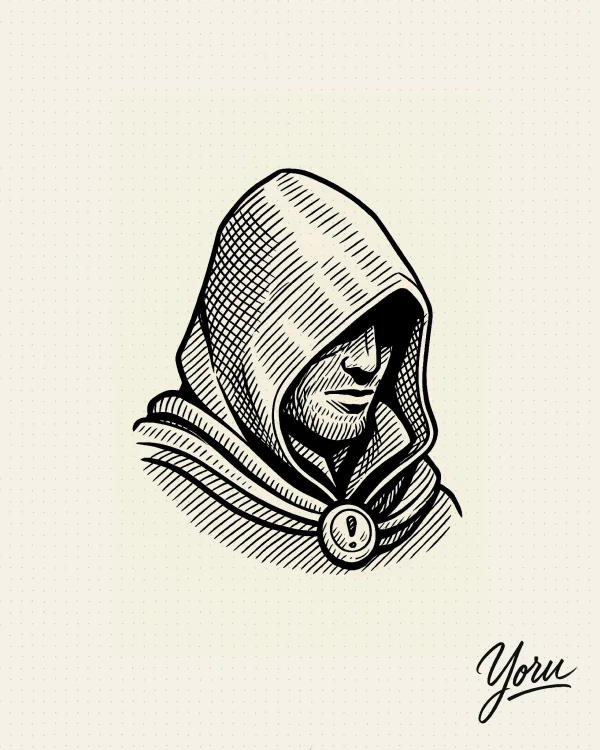 Diseño de tatuaje de una figura misteriosa con el rostro parcialmente oculto por una capucha, en estilo de grabado.