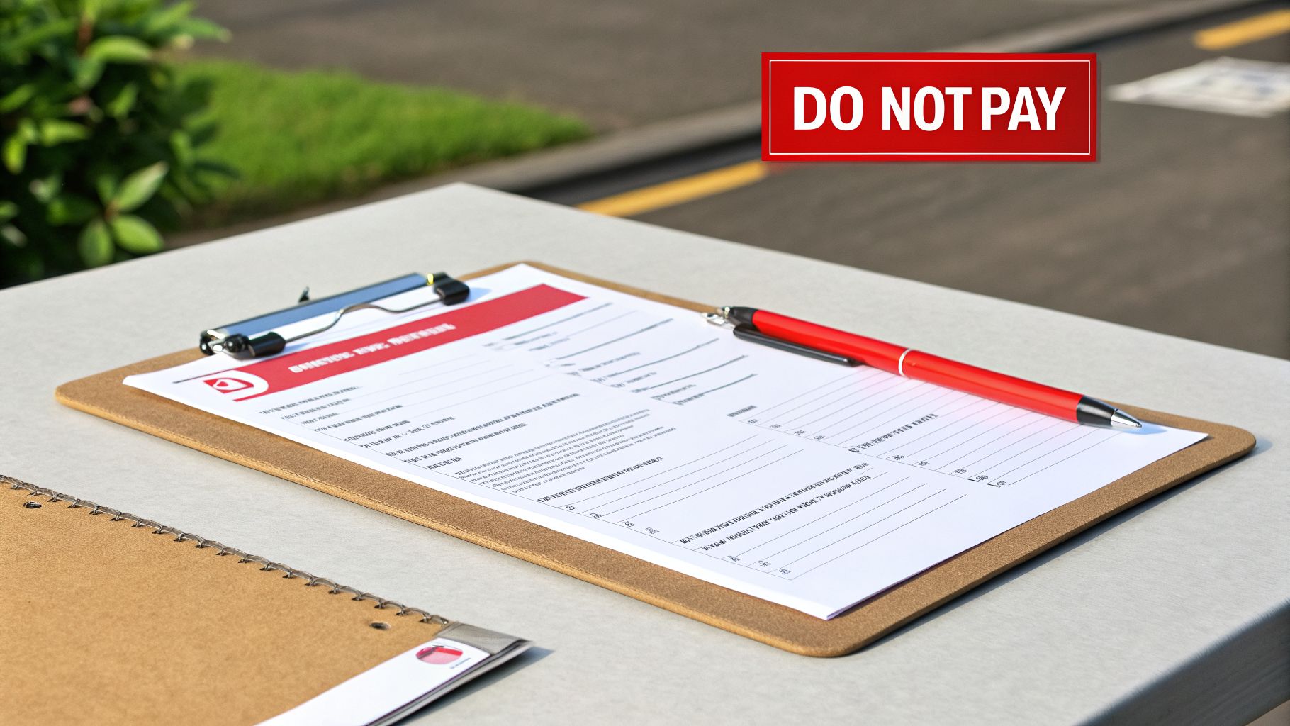 A clipboard holding a document and a red pen on a table, with a red 'DO NOT PAY' sign.