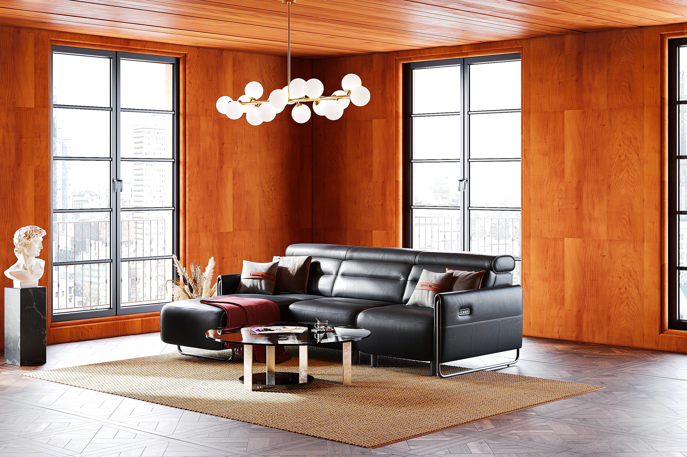 Photorealistic 3D render of modern living room with leather sofa, wooden interior, and decor