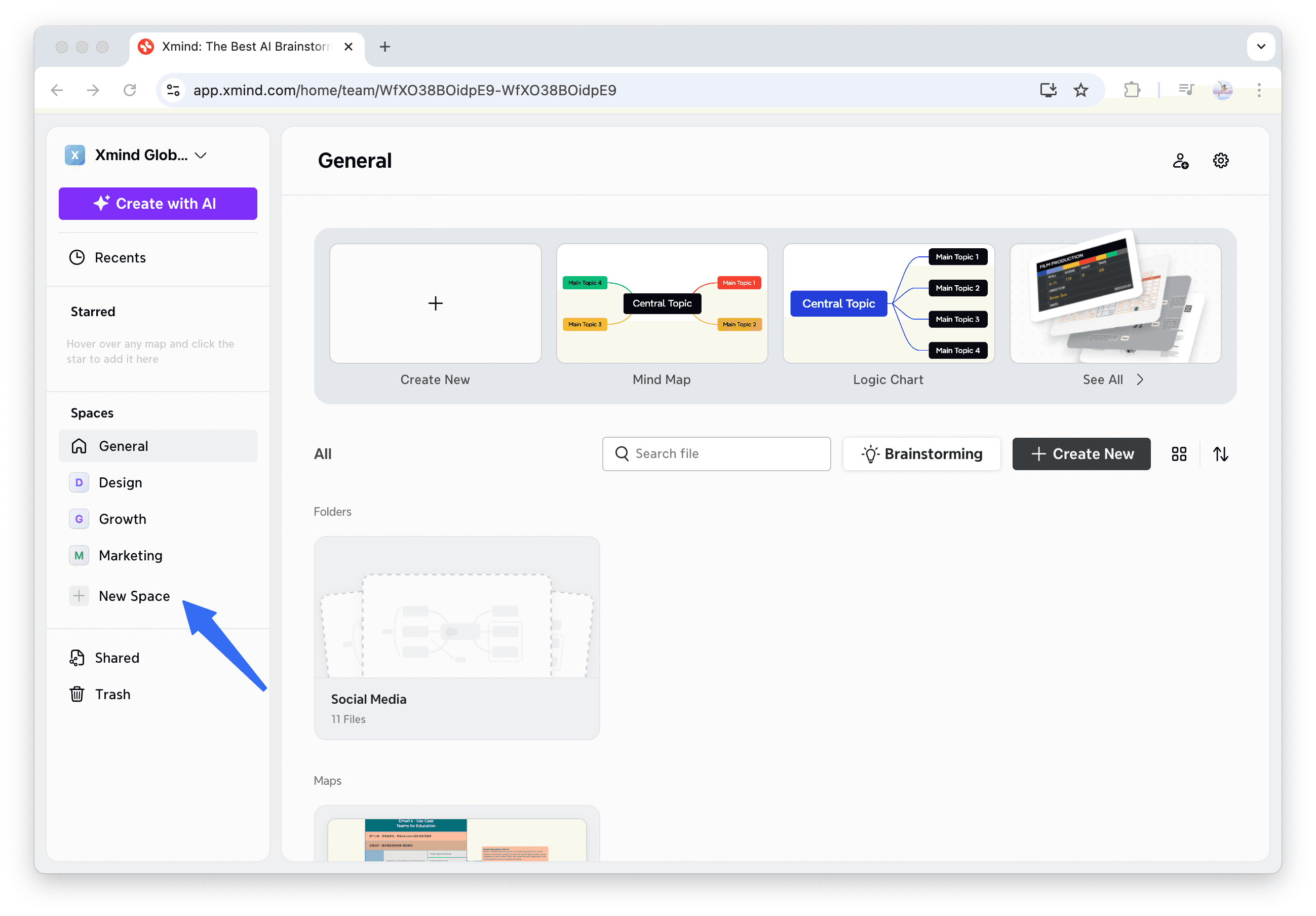 Xmind workspace interface with project options