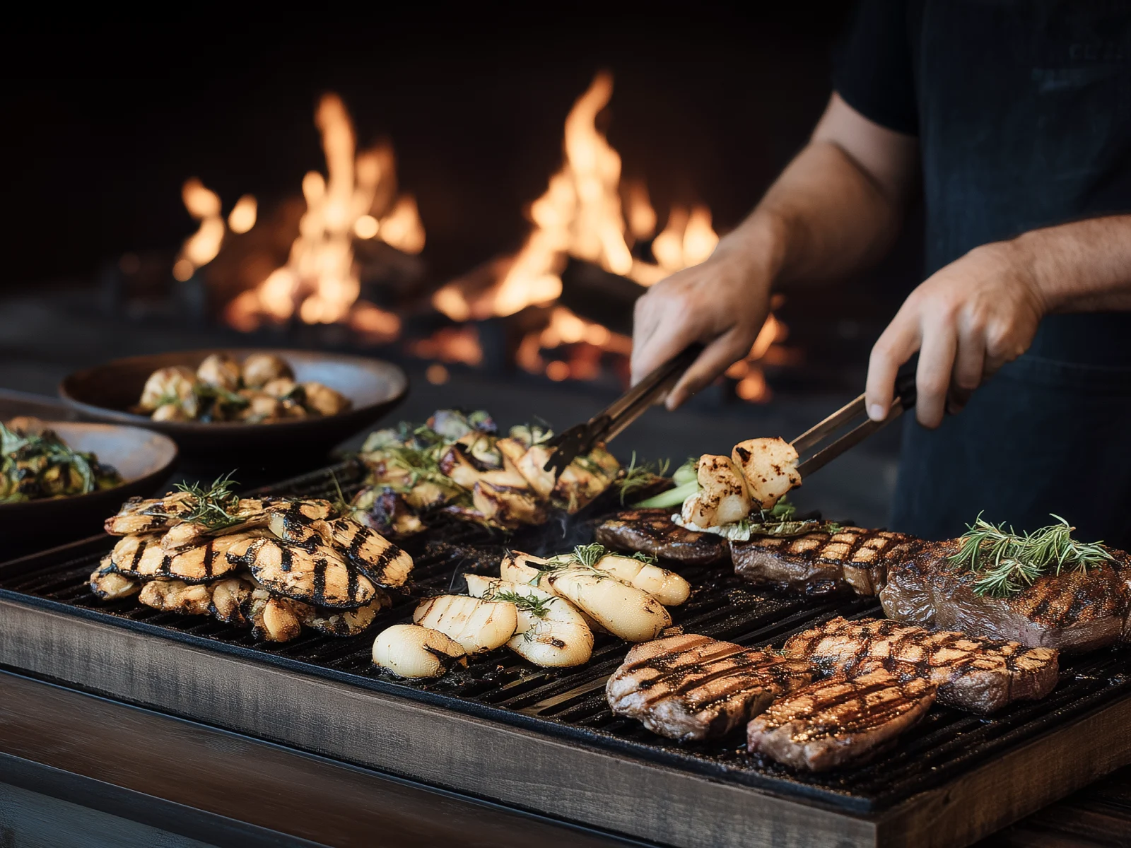 Chef cooking food on a flaming grill