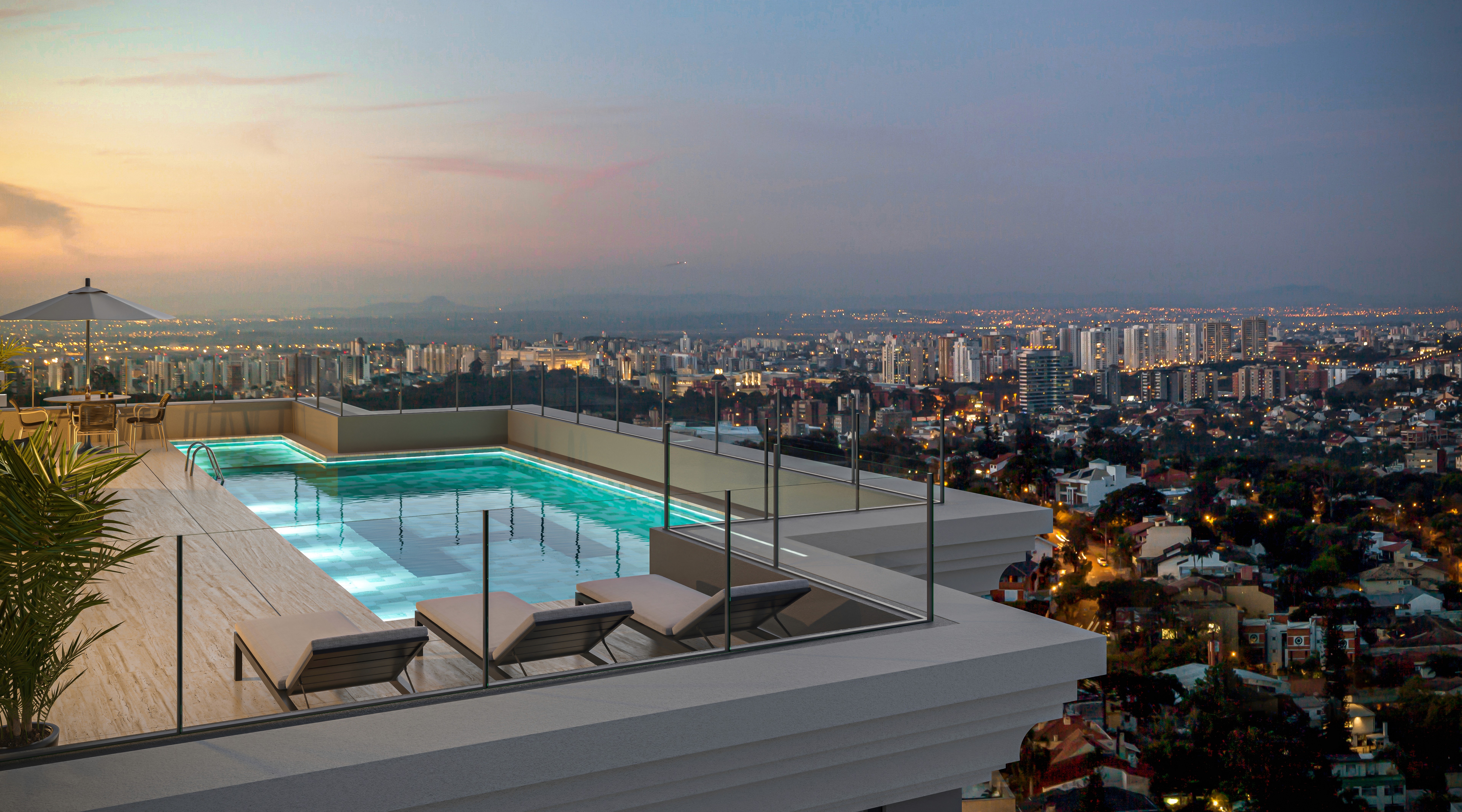 Curved modern skyscraper against a clear blue sky.