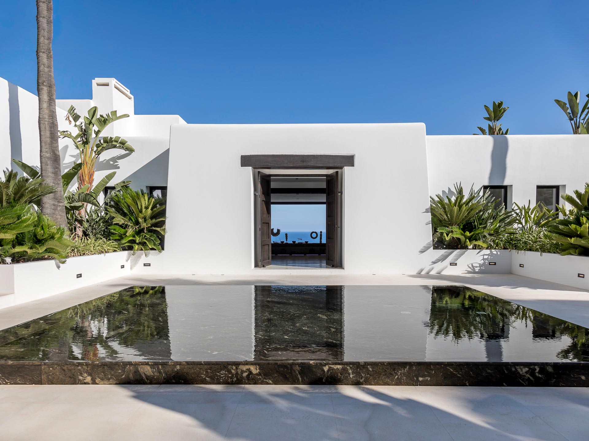 Entrance view of the exclusive luxury villa in Ibiza—private, VIP estate property holiday retreat for weddings and events.