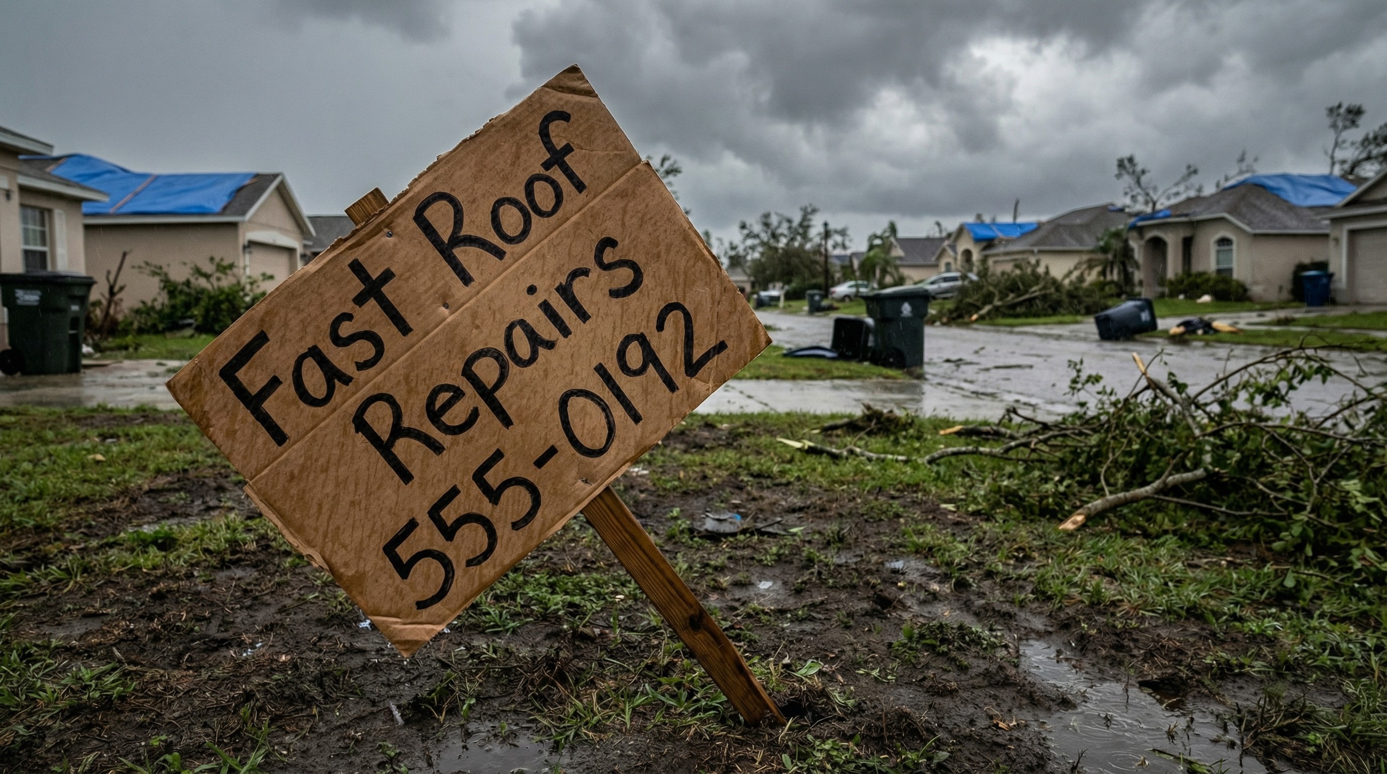 A temporary roofing sign and an unmarked van representing out-of-state storm chasers.