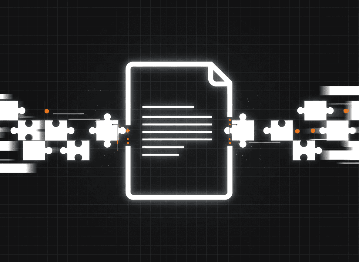 Document icon connected with puzzle pieces. Illustrative diagram of data and information.