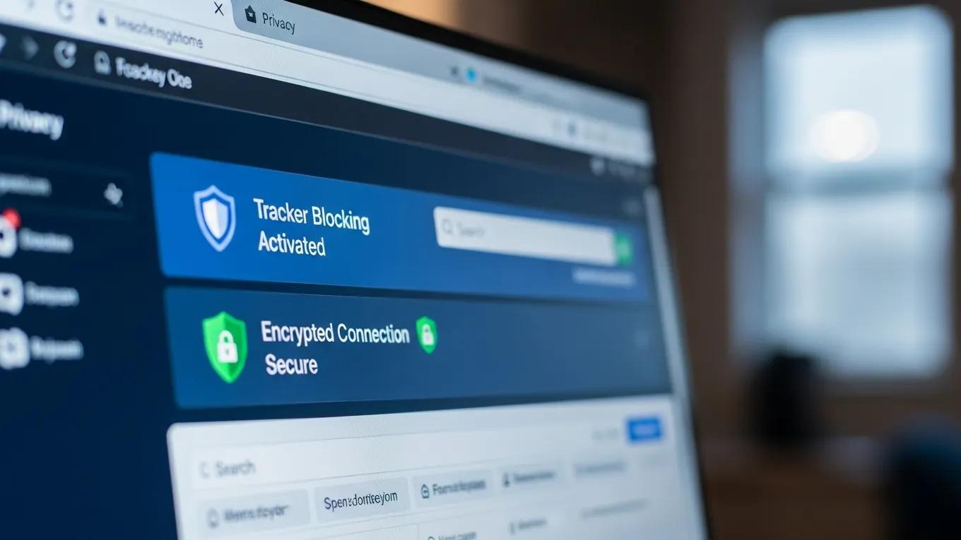 Close-up of a computer screen highlighting browser privacy features like tracker blocking and encryption