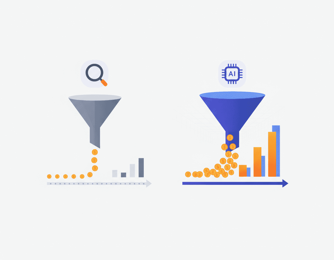 Side-by-side funnels showing faster, higher AI-search conversions versus traditional SEO