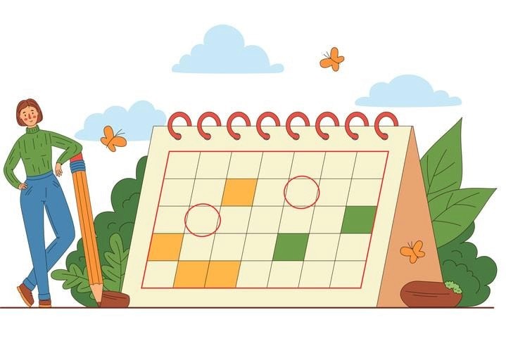 A professional woman is focused on her tablet, reviewing her calendar and work schedule, likely planning her hours for the upcoming two-week pay period, which may include a 9 80 work schedule for improved work-life balance. The scene suggests a modern approach to managing work hours, emphasizing flexibility and productivity.