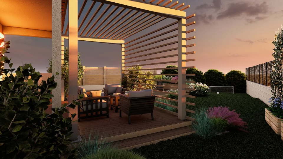 A chic modern patio with a pergola and garden planters. Comfortable seating arrangements promote a tranquil ambience against a setting sun backdrop, making it a perfect spot for relaxation.