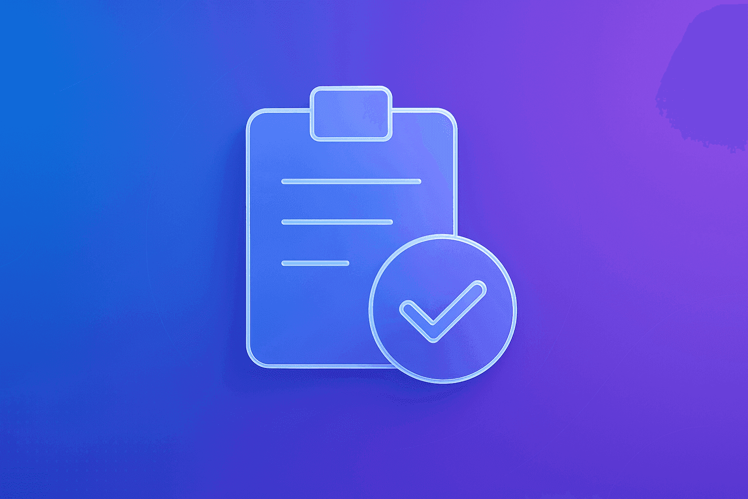 Compliance due diligence clipboard icon with checkmark on a blue and purple gradient background.