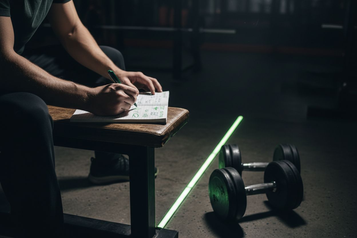 Persona escribiendo detalles del entrenamiento en una libreta junto a mancuernas