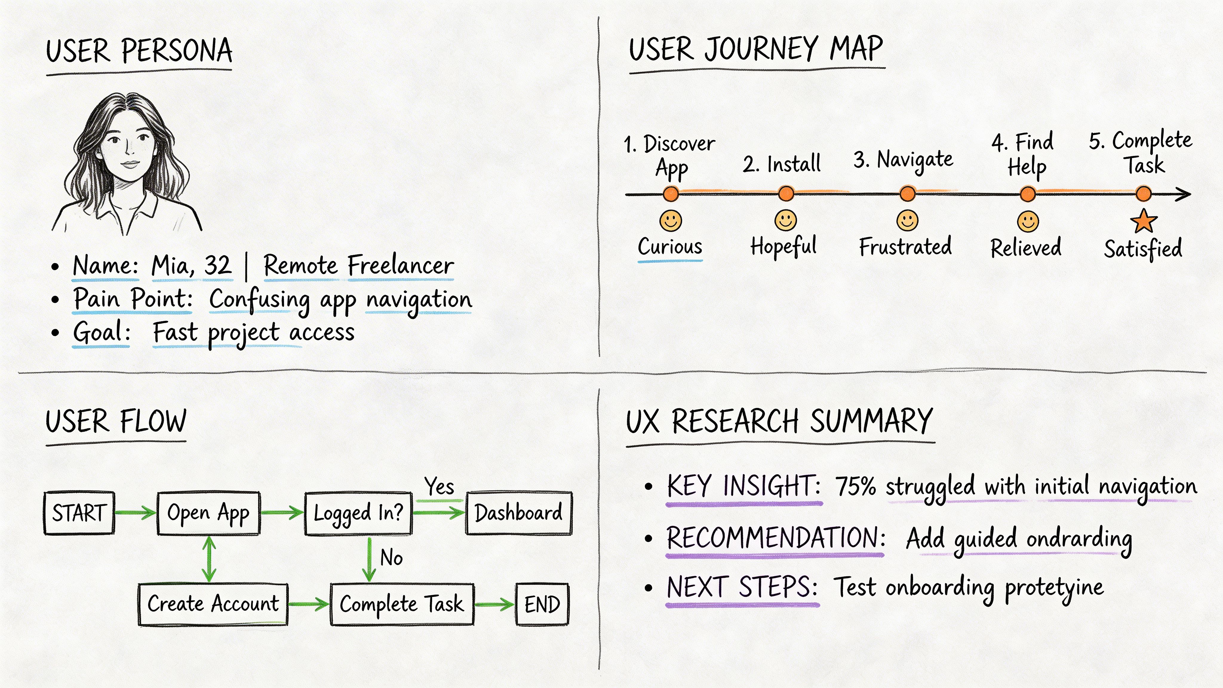 A hand-drawn sketch outlining a user persona, journey map, flow chart, and UX research summary infographic.