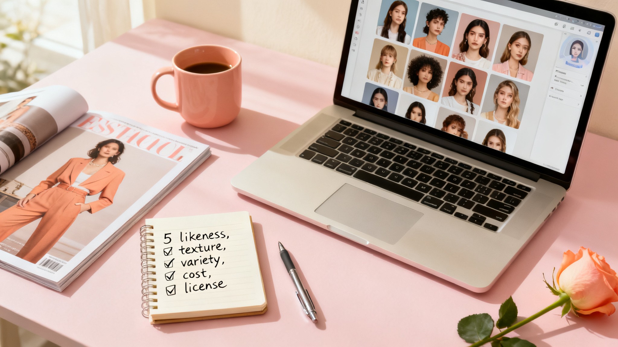Editorial: laptop showing AI portrait results, mug of coffee, notebook with checklist on a pink desk