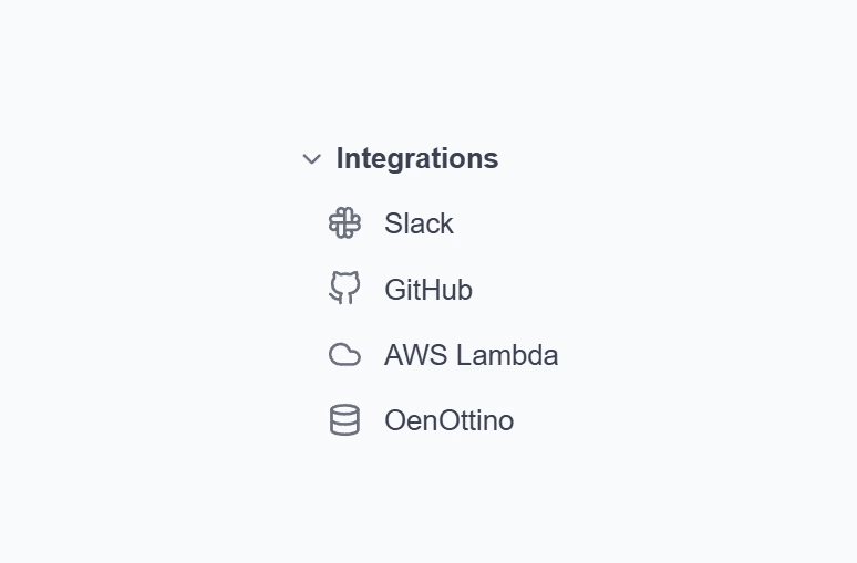 A close-up of the Integrations menu in the sidebar listing Slack, GitHub, AWS Lambda, and a custom database integration.
