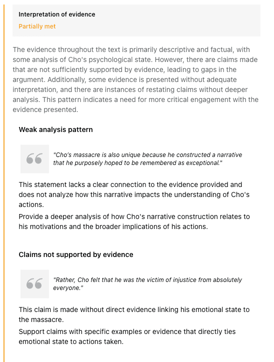 Detailed AI feedback highlighting specific text in a manuscript identified as a "weak analysis pattern" or "claim not supported by evidence."