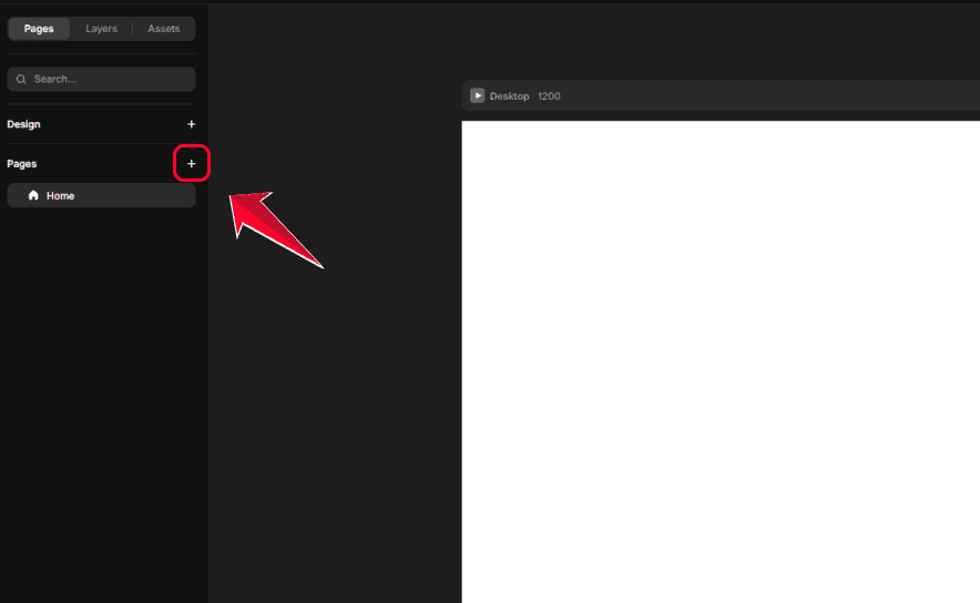 Panneau gauche de Framer avec flèche indiquant le bouton plus pour ajouter une nouvelle page