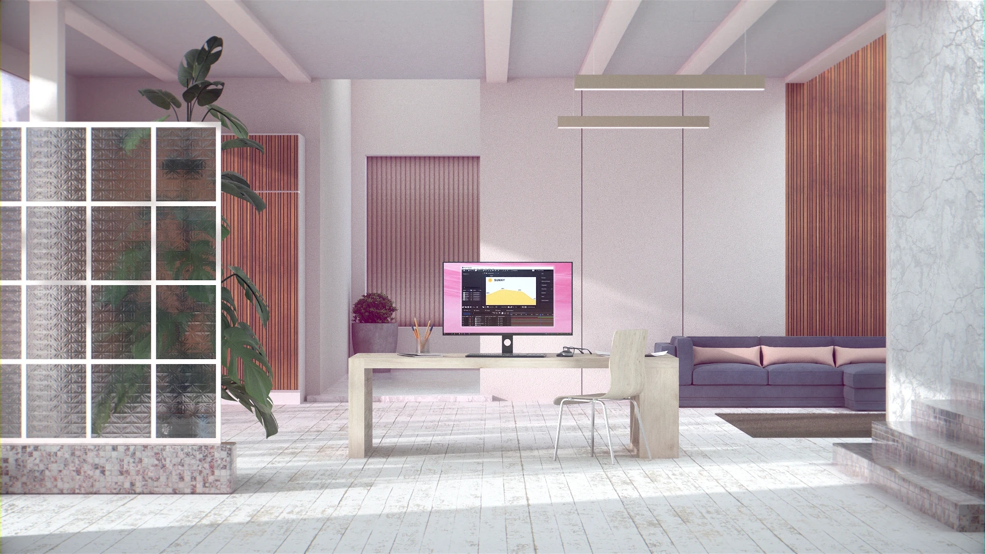 3D-rendered studio setup with a screen displaying animated UI weather chart, representing a modern SaaS motion design environment.