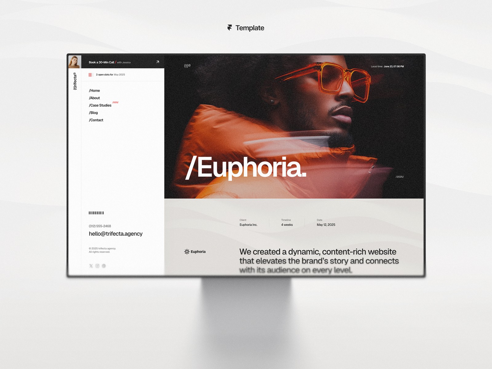 Trifecta Framer template with its fixed sidebar navigation on a desktop agency layout.