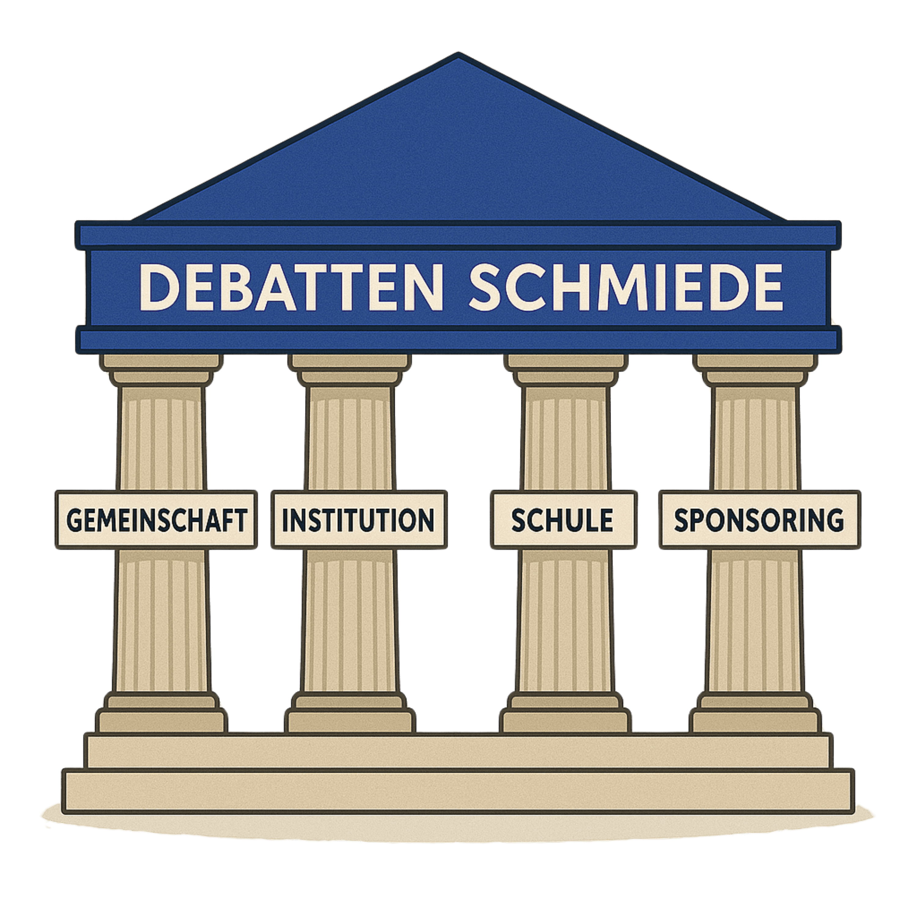 Illustration der Debattenschmiede mit vier Säulen: Gemeinschaft, Institution, Schule und Sponsoring als tragende Werte.