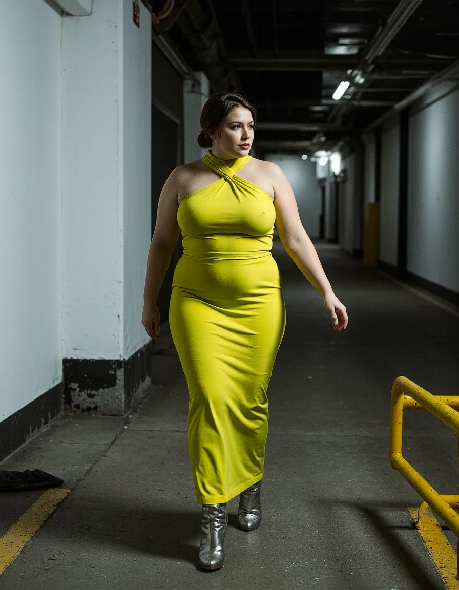 Vibrant chartreuse dress creating dramatic contrast against industrial corridor, showcasing bold fashion photography in unexpected urban setting