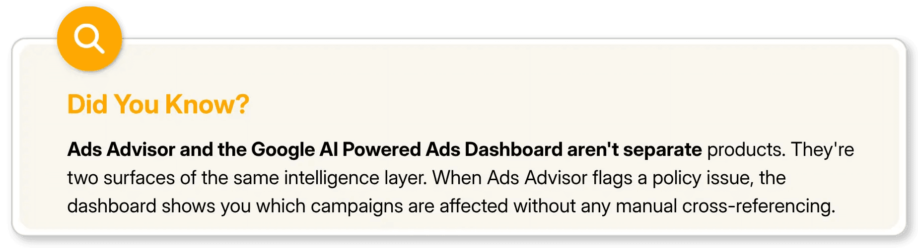 Ads Advisor and Google AI Powered Ads Dashboard are connected, showing which campaigns are affected by policy violations.