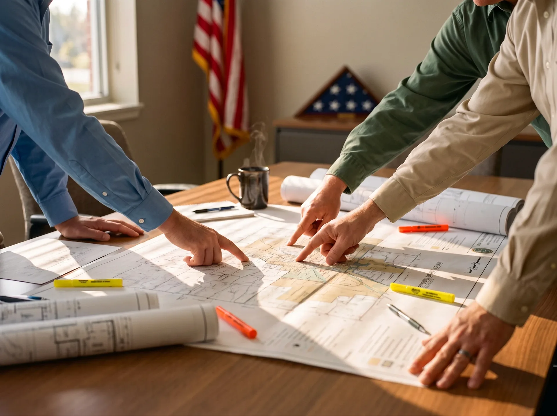 Two people leaning over a table pointing at site plans and maps, with a U.S. flag in the background